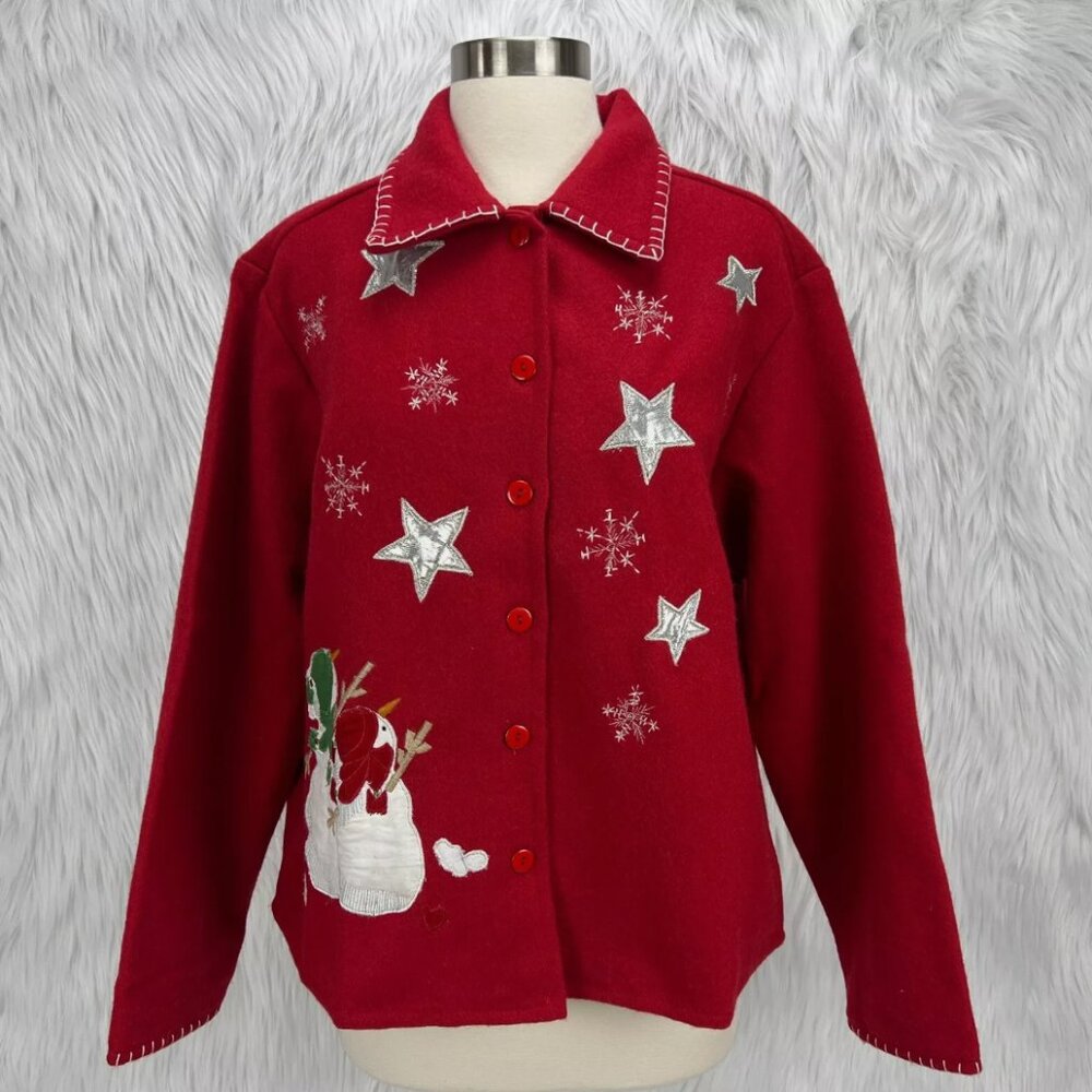 Take Two Vintage Snowman Shirt Jacket Shacket Cardigan Red Wool Blend Christmas